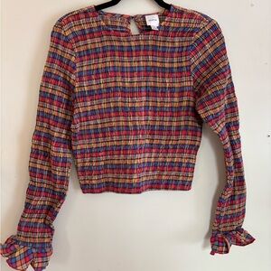 Maeve Multicolor Smocked Long-Sleeve Crop Top - Red, Blue, Yellow